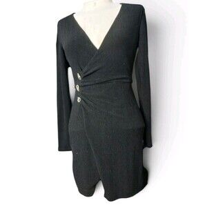 adl Night Zoom Black Wrap Mini Dress XS Long Sleeve V Neck Rhinestone Buttons